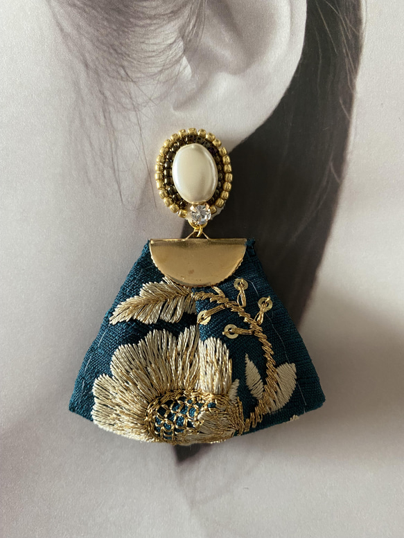 印度刺繡絲帶珍珠寶石藍綠色珠子刺繡手術不銹鋼耳環/耳環 第6張的照片