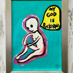 絵画　原画　ポップアート　【MY GOD IS ROCK’N’ROLL】額付き 2枚目の画像