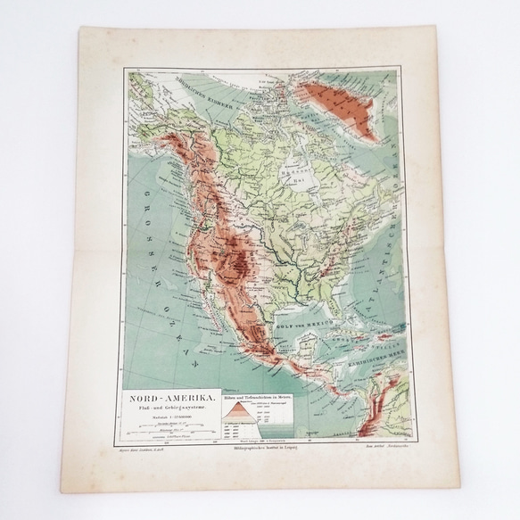 北アメリカ 山と川の体系図 マイヤー百科事典 アンティークマップ 古地図 ヴィンテージペーパー 図版 1957-76 1枚目の画像