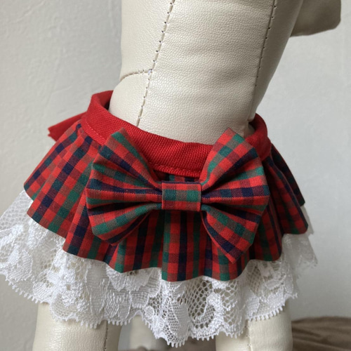 ファミリア風チェック/犬用スタイ レッド 付け襟 アクセサリー ペット