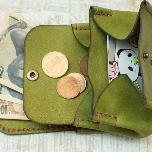 ハンドメイドレザークラフトアコーディオン長財布レオパード柄 グリーン牛レース編み ハンドメイドレザークラフトアコーディオン長財布レオパード柄