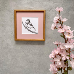 小鳥のポスター『ちいさなシジュウカラ』ストロベリーピンクの額装付(20㎝角) お花と飾る絵 4枚目の画像