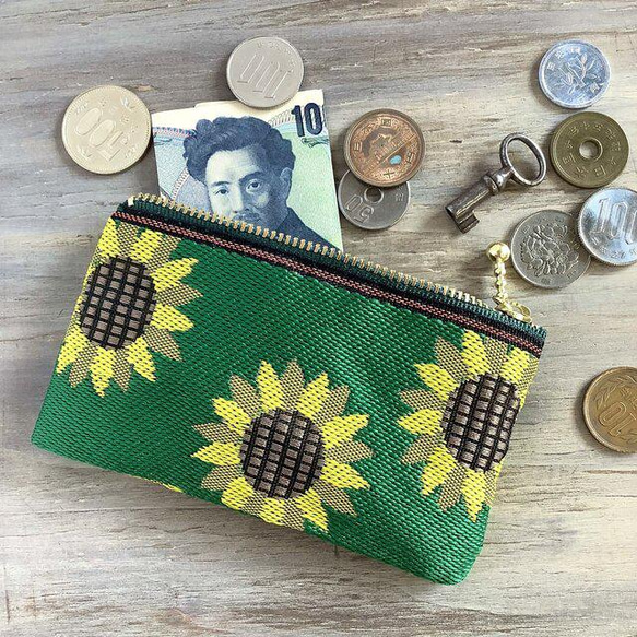 畳縁　硬幣錢包　名片夾　日式　可爱　向日葵　綠 第1張的照片