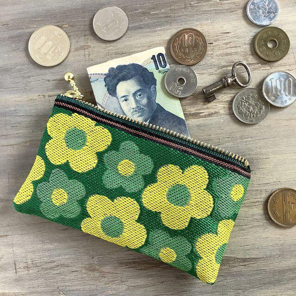 畳縁　硬幣錢包　名片夾　復古流行花卉圖案　日式　可愛　綠 第3張的照片