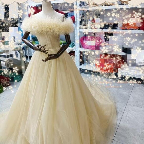 カラードレス 薄シャンパンの色 3waysドレス 取り外しオフショルダー+サッシュベルト 結婚式/披露宴 6枚目の画像