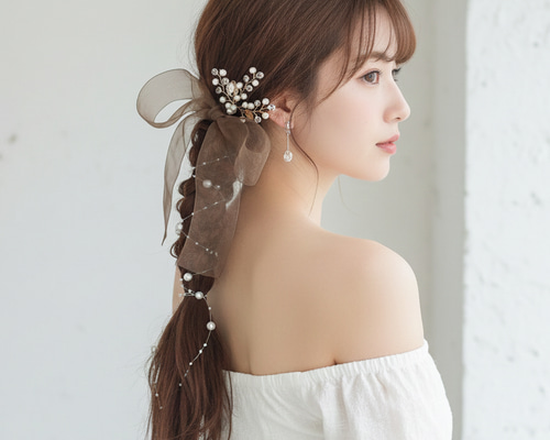 ♥️200【 モカ 】シアーリボン の ポニーフック / オーガンジー ヘア