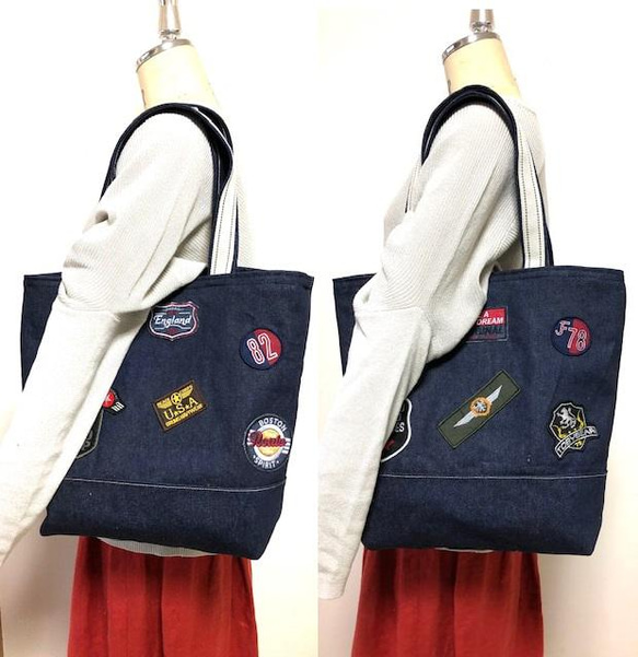 デニム　ビンテージ調トートBAG1点物　ワッペンワッペンたくさん 送料無料 2枚目の画像