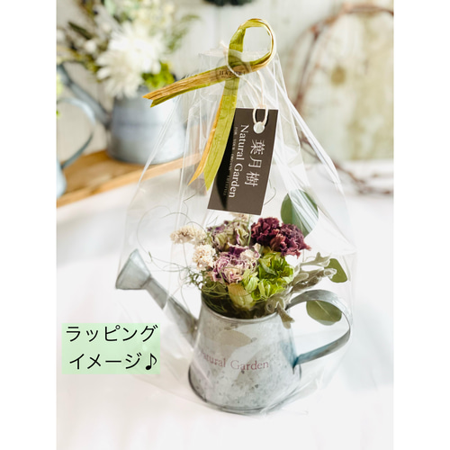 カーネーションドライフラワーミニブーケとブリキ缶ジョウロ