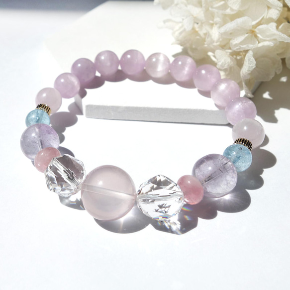 トルマリンとパープルローズクォーツの優雅な雰囲気のブレスレット 一点もの】宝石質スターローズクォーツとミルキークンツァイトの大ぶり