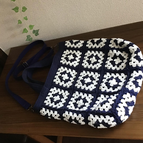 2wayグラニースクエアモチーフバック(ネイビー×ホワイト)【受注