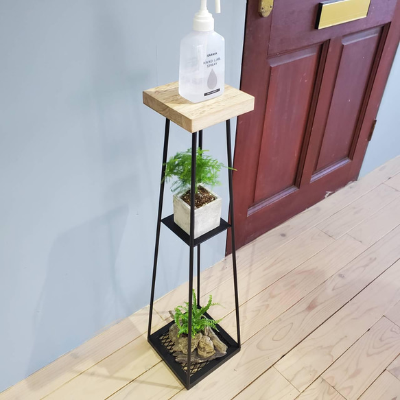 アルコールポンプスタンド『Black wood-mesh』棚付き アイアン家具