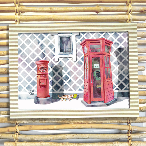 「レトロ仲間」　電話ボックス　郵便ポスト　なまこ壁　ネコ　イラスト 2枚目の画像