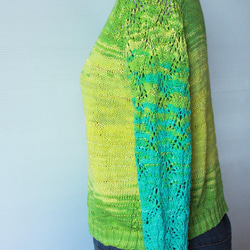 手工編織黃綠色系七分袖鏤空毛衣 第3張的照片