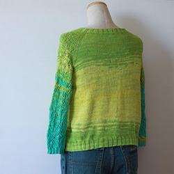 手工編織黃綠色系七分袖鏤空毛衣 第5張的照片