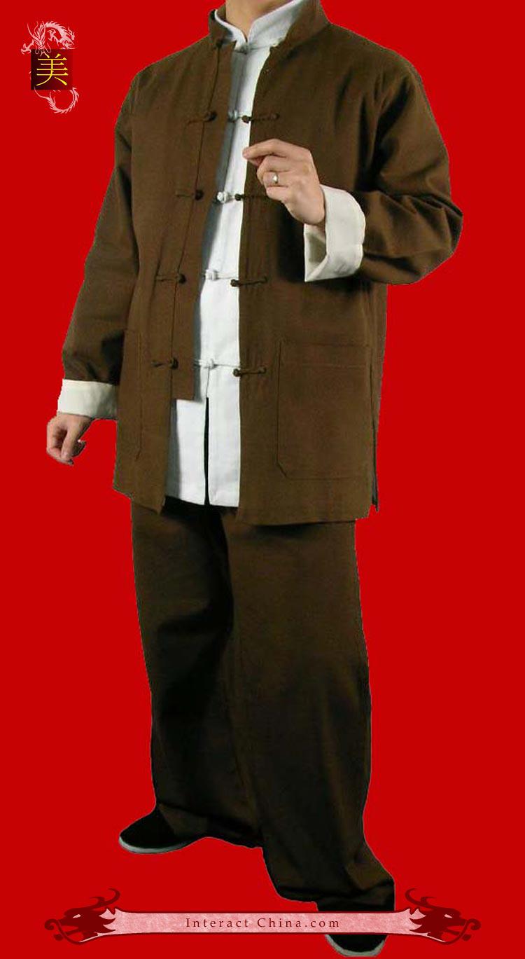 オーダーメード職人仕上げ ファインリネン生地 手作り ブラウン カンフースーツセット#117