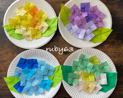 折り紙　紫陽花　壁面飾り 折り紙で作る紫陽花の壁掛け／【Paper】Hydrangea wall hanging