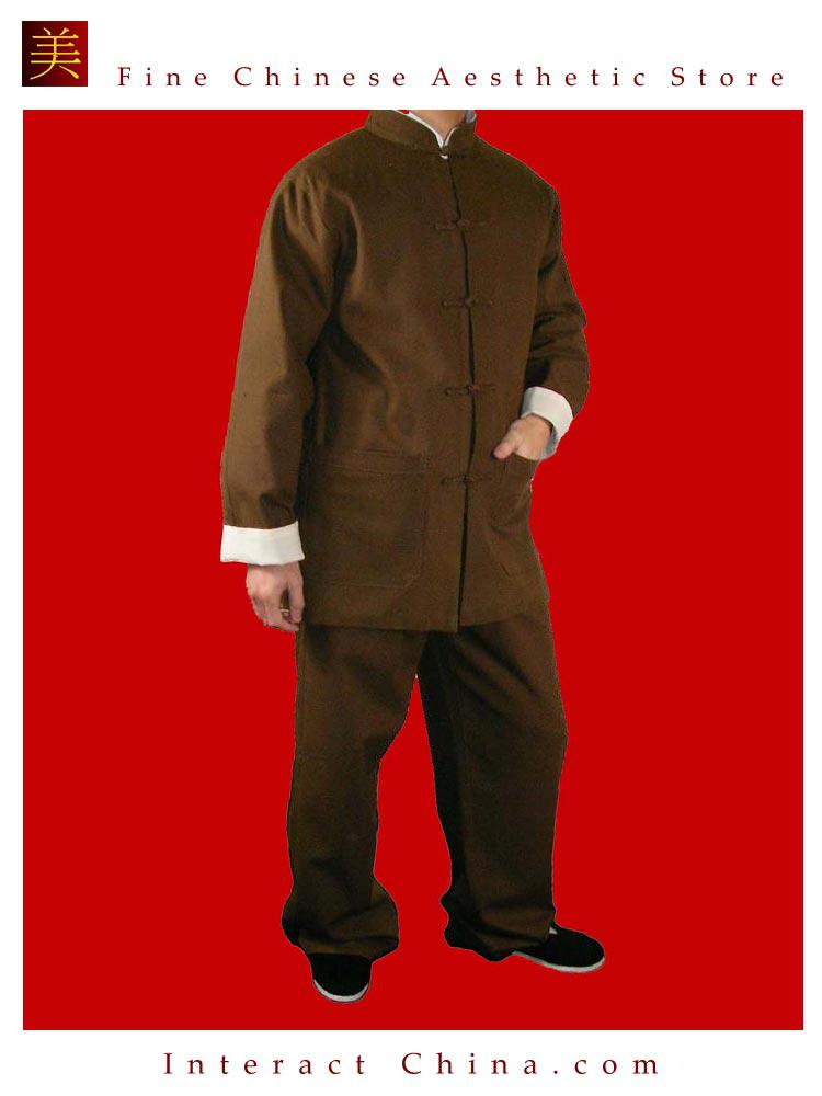 オーダーメード職人仕上げ コットン生地 手作り ブラウン カンフースーツセット#127