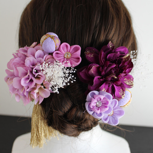 送料無料 ダリア（紫）、つまみ細工、ちりめん玉、ドライフラワー、髪  