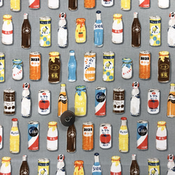【100×50】懐かしい缶ジュース・瓶ドリンク柄　オックス生地（グレー） 2枚目の画像