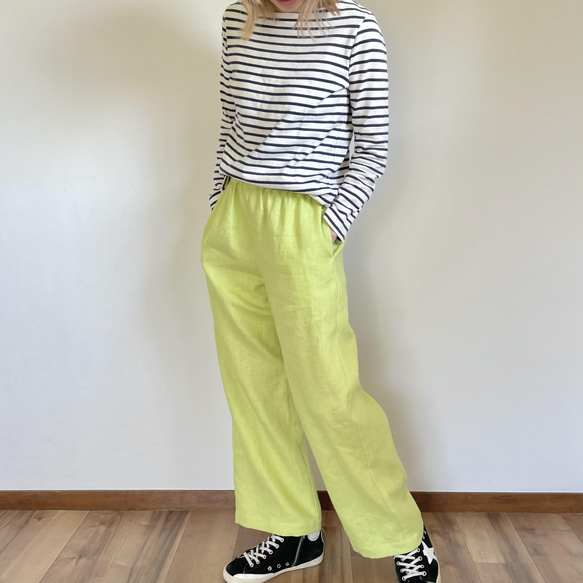 リネン イージーパンツ イエローグリーン キュロット・ワイド