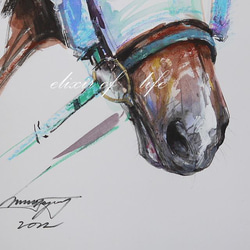 青いマスクの競走馬２０２２(墨、水彩、アクリル、パステル、水彩画用紙、38cm×２7ｃｍ) 3枚目の画像