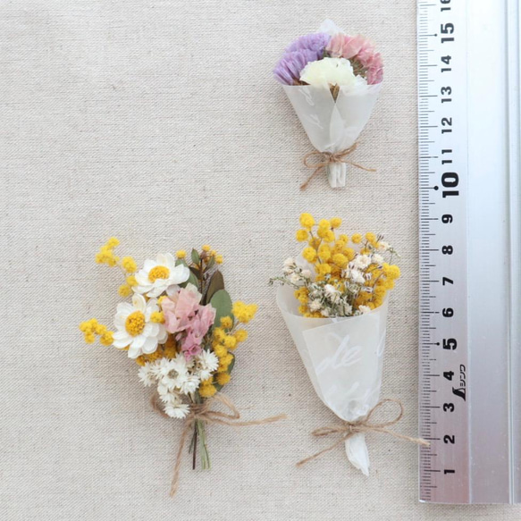 【ミニチュア】ミモザと花かんざしのパステルドライフラワー花束3点セット 3枚目の画像