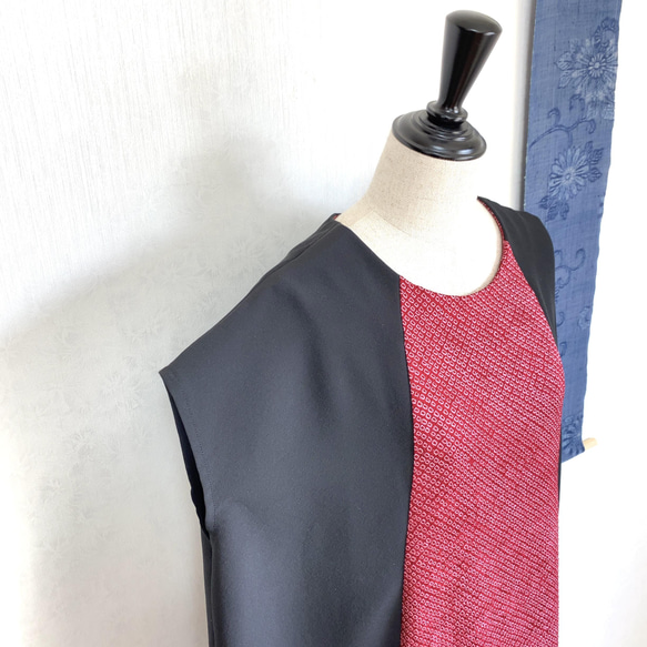縮緬と絞りのコクーンドレス　フレンチ袖ワンピ　着物リメイク　アップサイクル 2枚目の画像