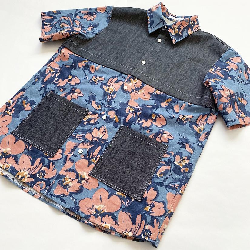 デニム切替花柄シャツ