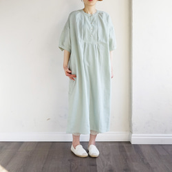 柔軟亞麻休閒連身裙，5 袖，鼠尾草色 第7張的照片