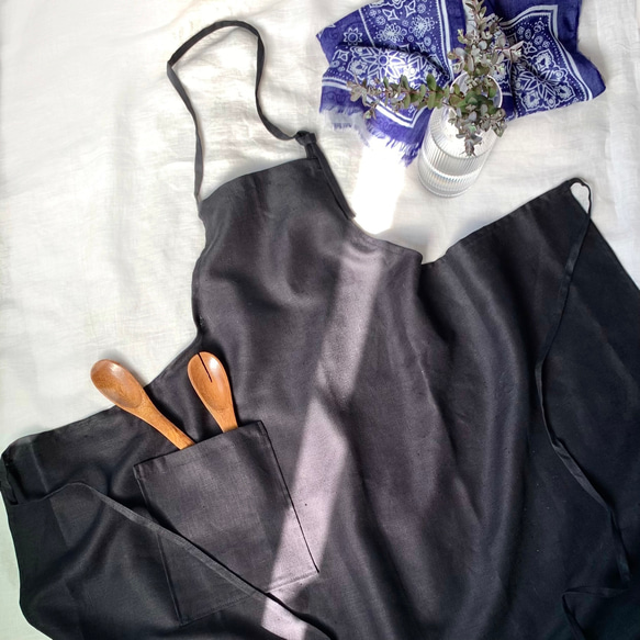 人気】限定価格 LONG\96cm丈//国産リネン100% Cafeエプロン(BLACK