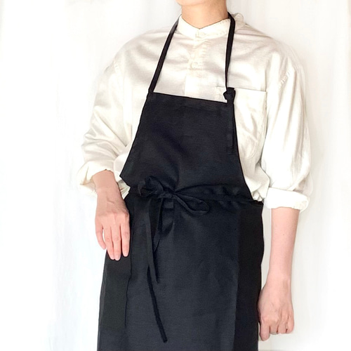 人気】限定価格 LONG\96cm丈//国産リネン100% Cafeエプロン(BLACK