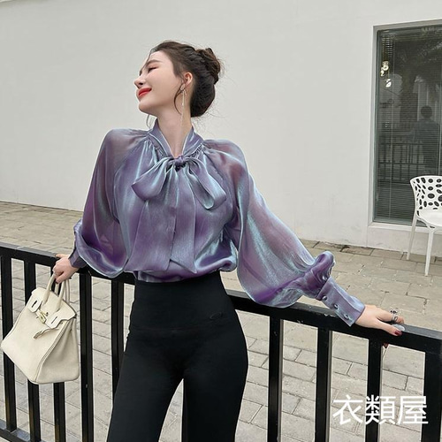 【美品】ロク　ボウタイシルクシャツ　パープル　きれい色　ブラウス NARACAMICIE】ジョーゼットボウタイ長袖ブラウス(5(4L)17号 パープル