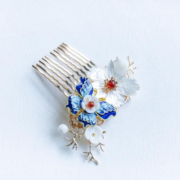 407 白＆ブルー✴和柄✴着物✴レジンヘアゴムキーホルダーブローチ