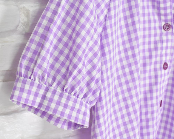 [再次上架] 格子格子蓬鬆袖子上衣紫色 第10張的照片