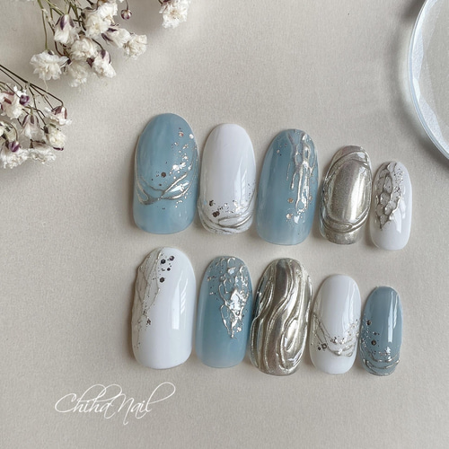春ネイル ブルー ニュアンスネイル ネイルチップ ミラーネイル