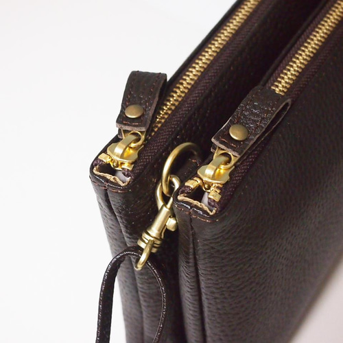 ☆ハンドメイド☆本革☆お財布ポシェット☆ダブルファスナー☆ハンドル  