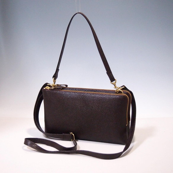 ☆ハンドメイド☆本革☆お財布ポシェット☆ダブルファスナー☆ハンドル  