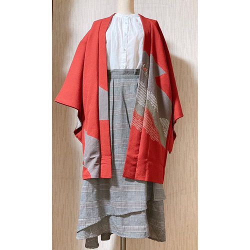 展示品　◇和洋 きものコーデ◇ セット売り　赤系　ブラウス・ベルト付き　1点もの ◇和洋 きものコーデ◇ セット売り 赤系 ブラウス・ベルト付き 1