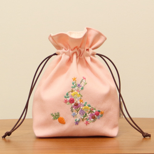 手刺繍の巾着ポーチ 花うさぎ ピンク 巾着袋 Himirolis 通販 13738948