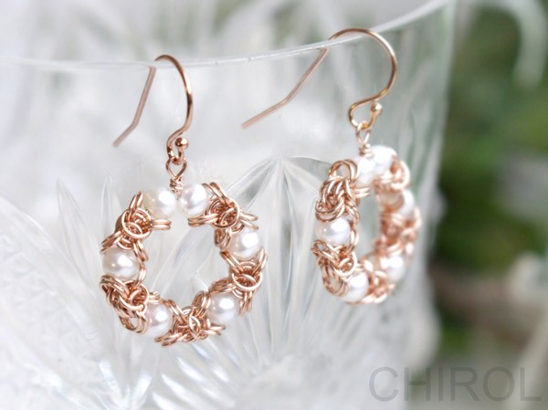 ＊ 淡水パールと チェーンのリース ピアス/ 14KGF　PINK