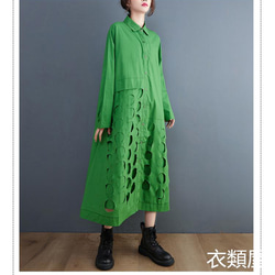 フリーサイズ 秋新作 おしゃれ 20304050代 上質おしゃれゆったり大きいサイズ 長袖ロングシャツワンピース 緑 4枚目の画像