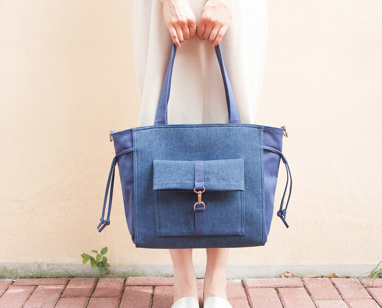 デニムｘ帆布 2WAYトートバッグ｜ファスナー付き｜ショルダー・斜めがけ【濃藍ｘコバルトブルー】A4対応｜通勤バッグ