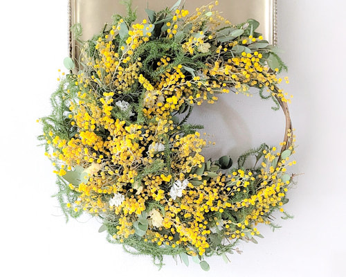 新品 未使用 ドライフラワー ミモザリース ミモザ 【ご予約】 森の月 ミモザの三日月ドライフラワーリース リース mamemona 通販