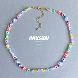 ピンク×ホワイト】シュガービーズとフラワービーズネックレス / 華やか