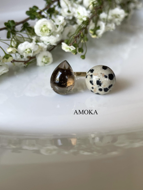 【フォークリング】宝石質スモーキークォーツAAA ×ダルメシアンジャスパー 18枚目の画像