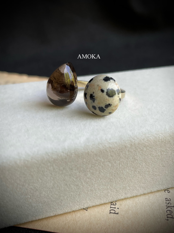 【フォークリング】宝石質スモーキークォーツAAA ×ダルメシアンジャスパー 6枚目の画像