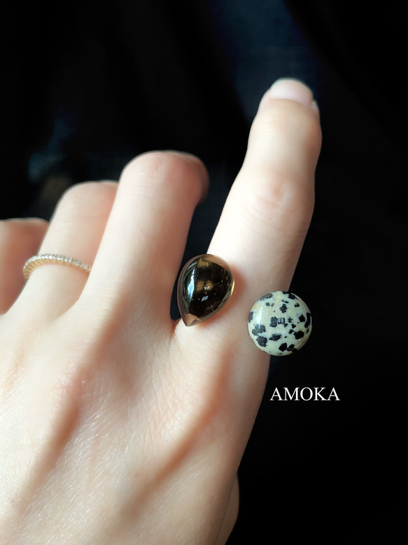 【フォークリング】宝石質スモーキークォーツAAA ×ダルメシアンジャスパー 3枚目の画像