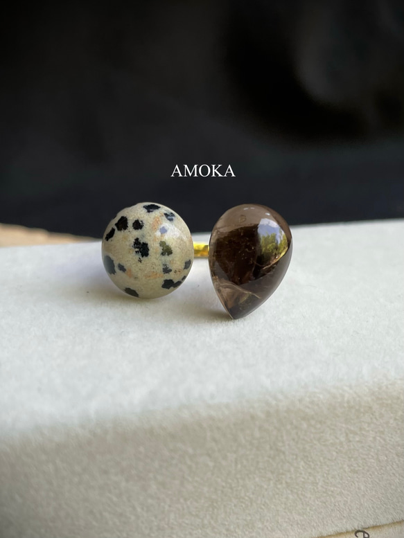 【フォークリング】宝石質スモーキークォーツAAA ×ダルメシアンジャスパー 4枚目の画像