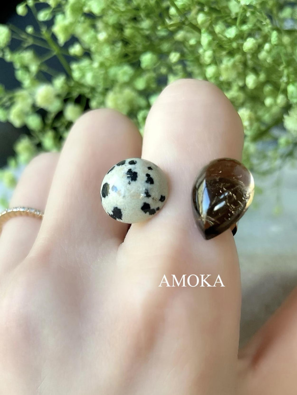 【フォークリング】宝石質スモーキークォーツAAA ×ダルメシアンジャスパー 7枚目の画像