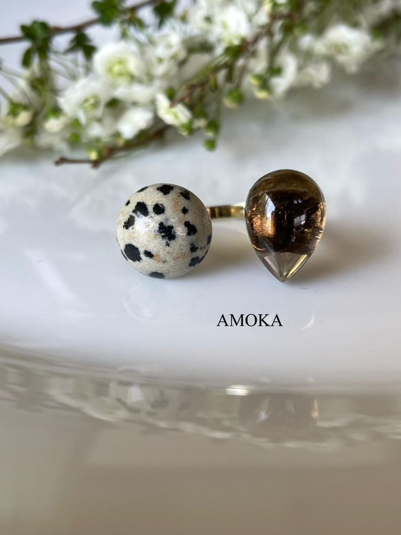 【フォークリング】宝石質スモーキークォーツAAA ×ダルメシアンジャスパー 19枚目の画像